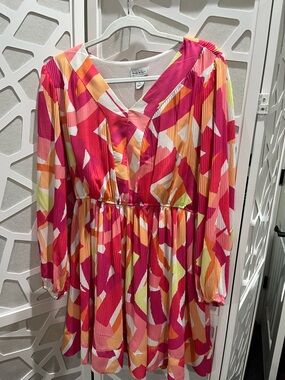 Nicole Miller Pink Orange Yellow Abstract Pleated V-Neck Dress